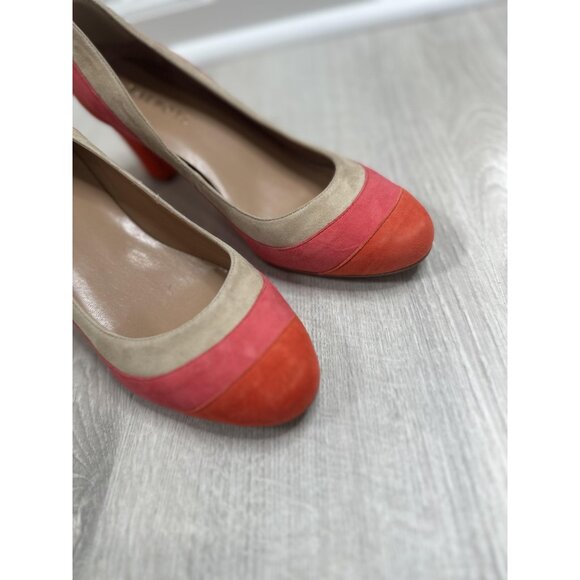 Talbots Shoes Womens Size 8.5 B Suede Pumps Pink Red Tan Block Heel Cap Toe - Picture 3 of 9